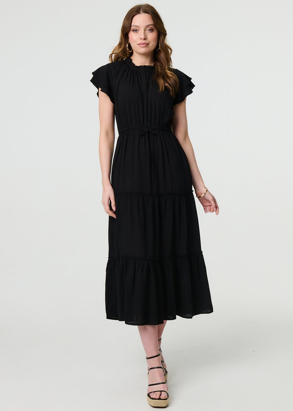 Izabel London Black Ruched Tiered Cap Sleeve Midi Dress