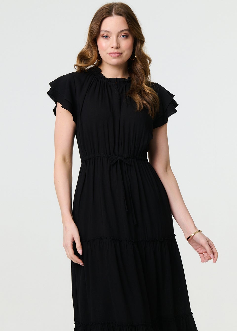 Izabel London Black Ruched Tiered Cap Sleeve Midi Dress