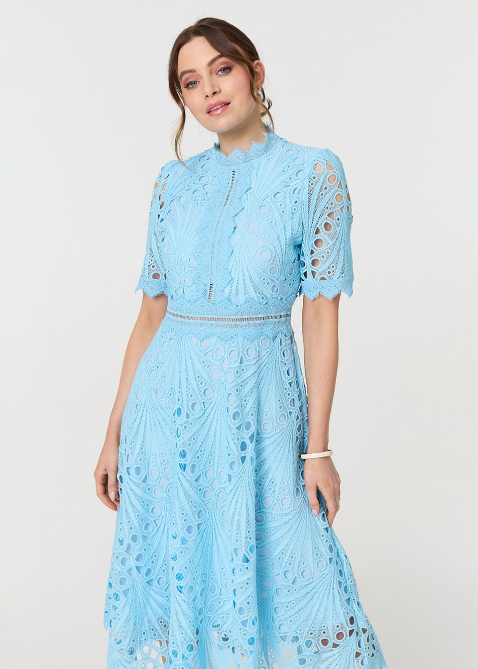 Izabel London Blue Floral Lace Cut Out Frilled Trim Midi Dress