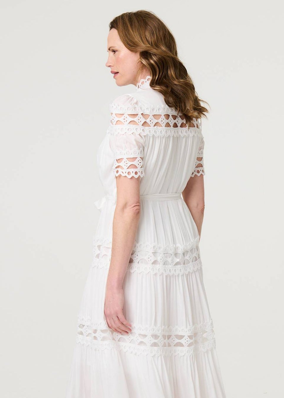 Izabel London White Lace Cut Out Detail Tie Waist Midi Dress