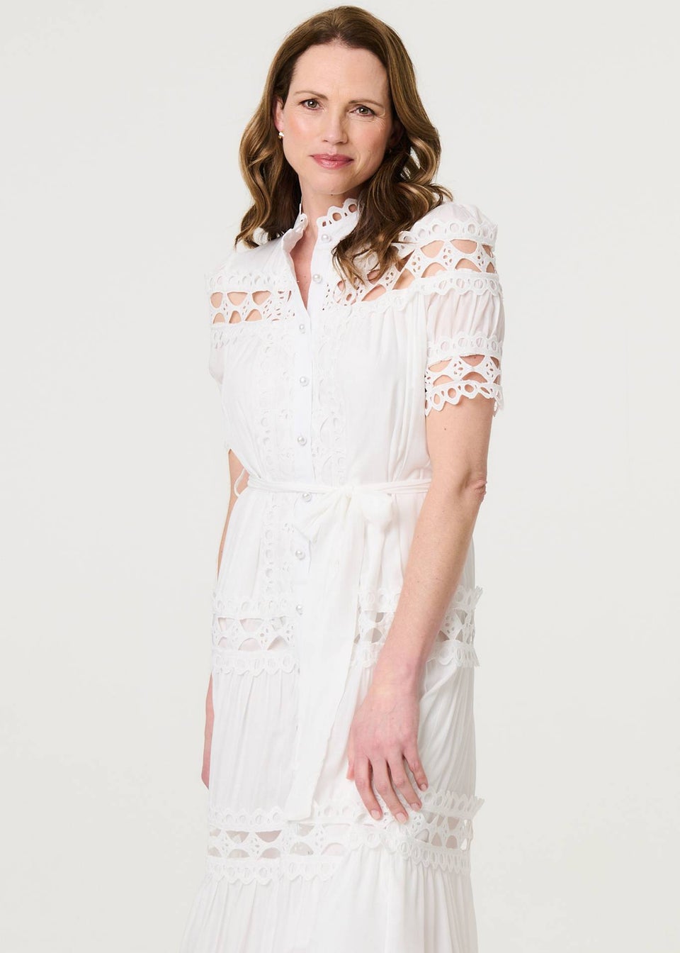 Izabel London White Lace Cut Out Detail Tie Waist Midi Dress