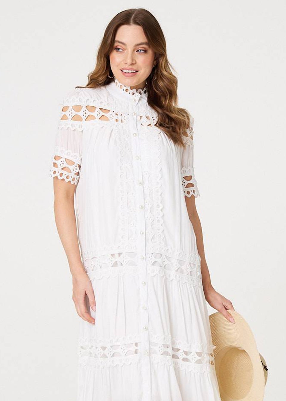 Izabel London White Lace Cut Out Detail Tie Waist Midi Dress