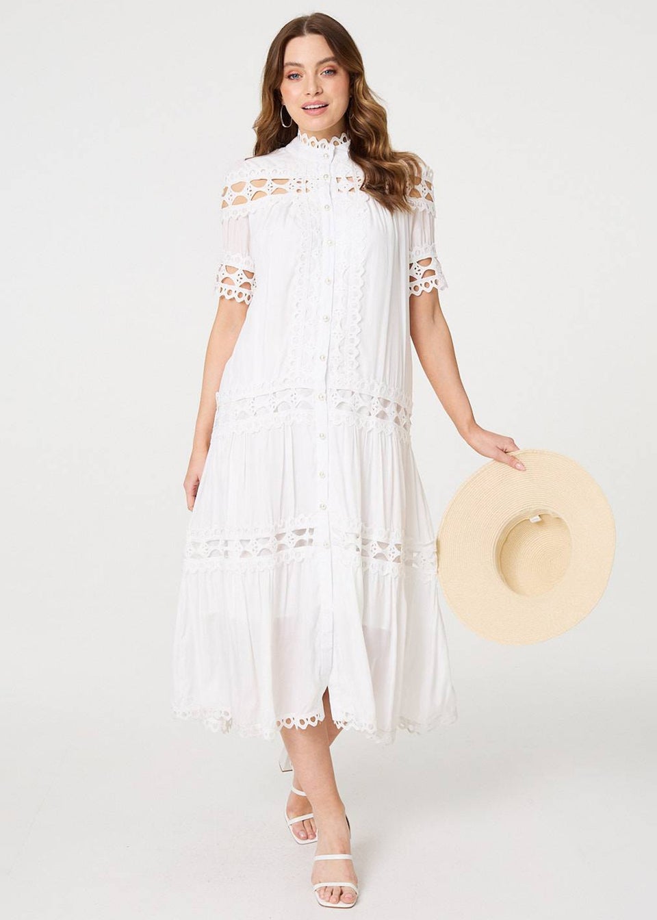 Izabel London White Lace Cut Out Detail Tie Waist Midi Dress