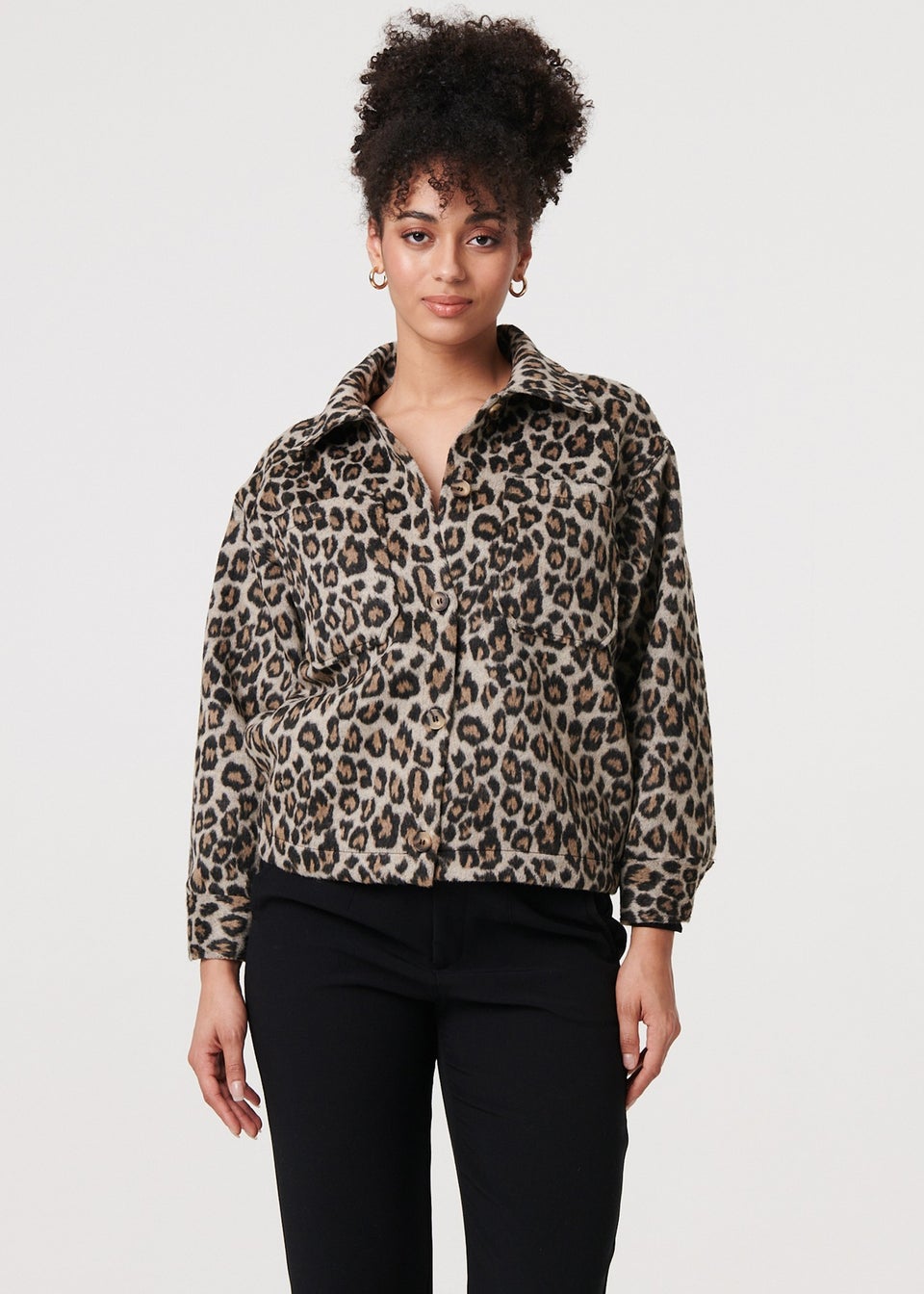 Izabel London Beige Animal Print Flannel Shirt Jacket