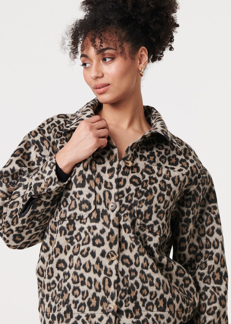 Izabel London Beige Animal Print Flannel Shirt Jacket