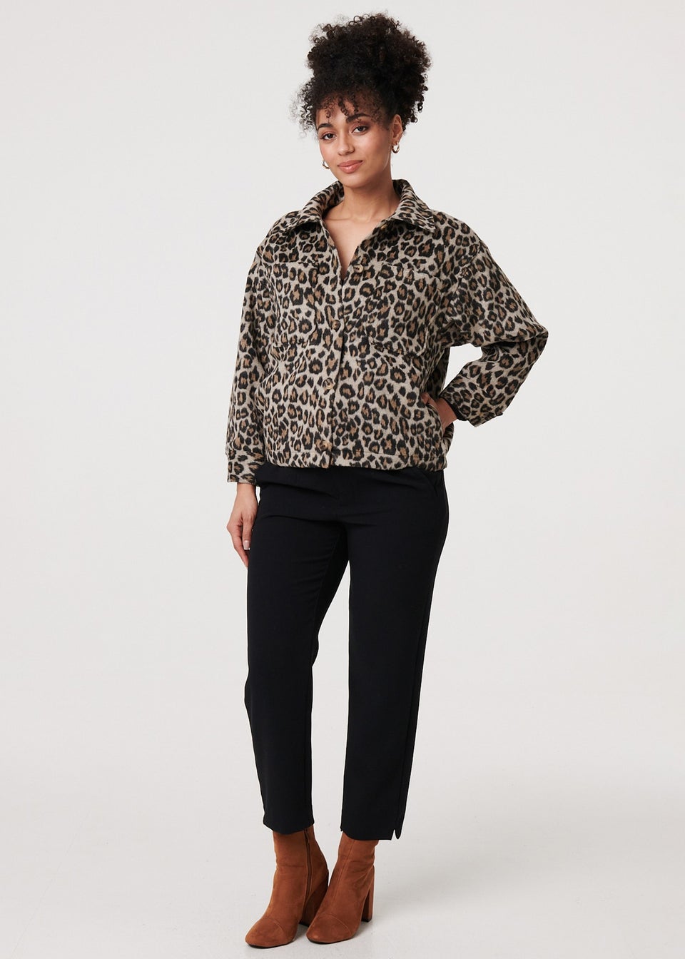 Izabel London Beige Animal Print Flannel Shirt Jacket