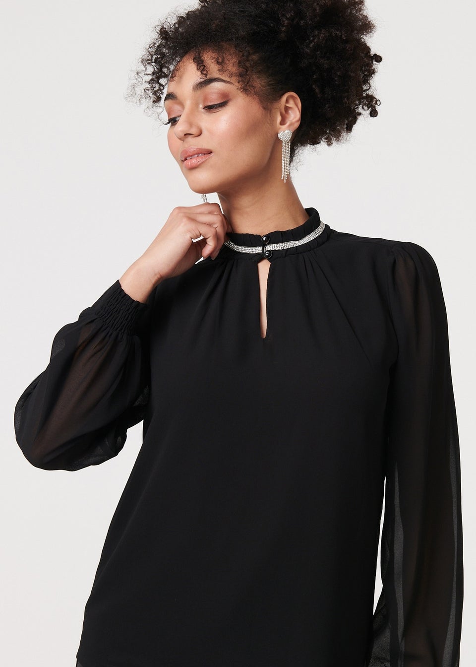 Izabel London Black Sparkle Trim High Neck Semi Sheer Blouse