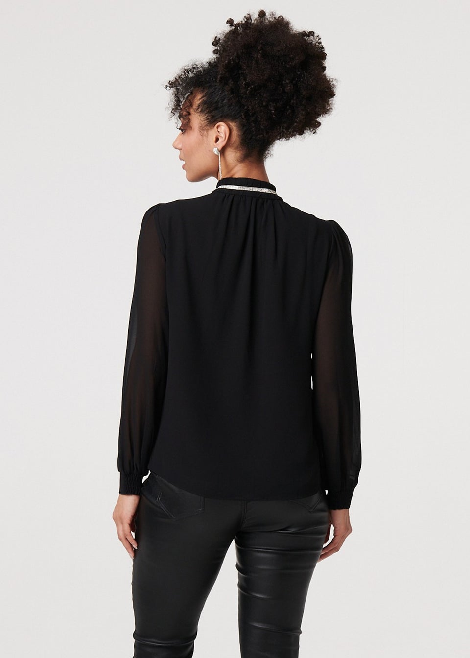 Izabel London Black Sparkle Trim High Neck Semi Sheer Blouse