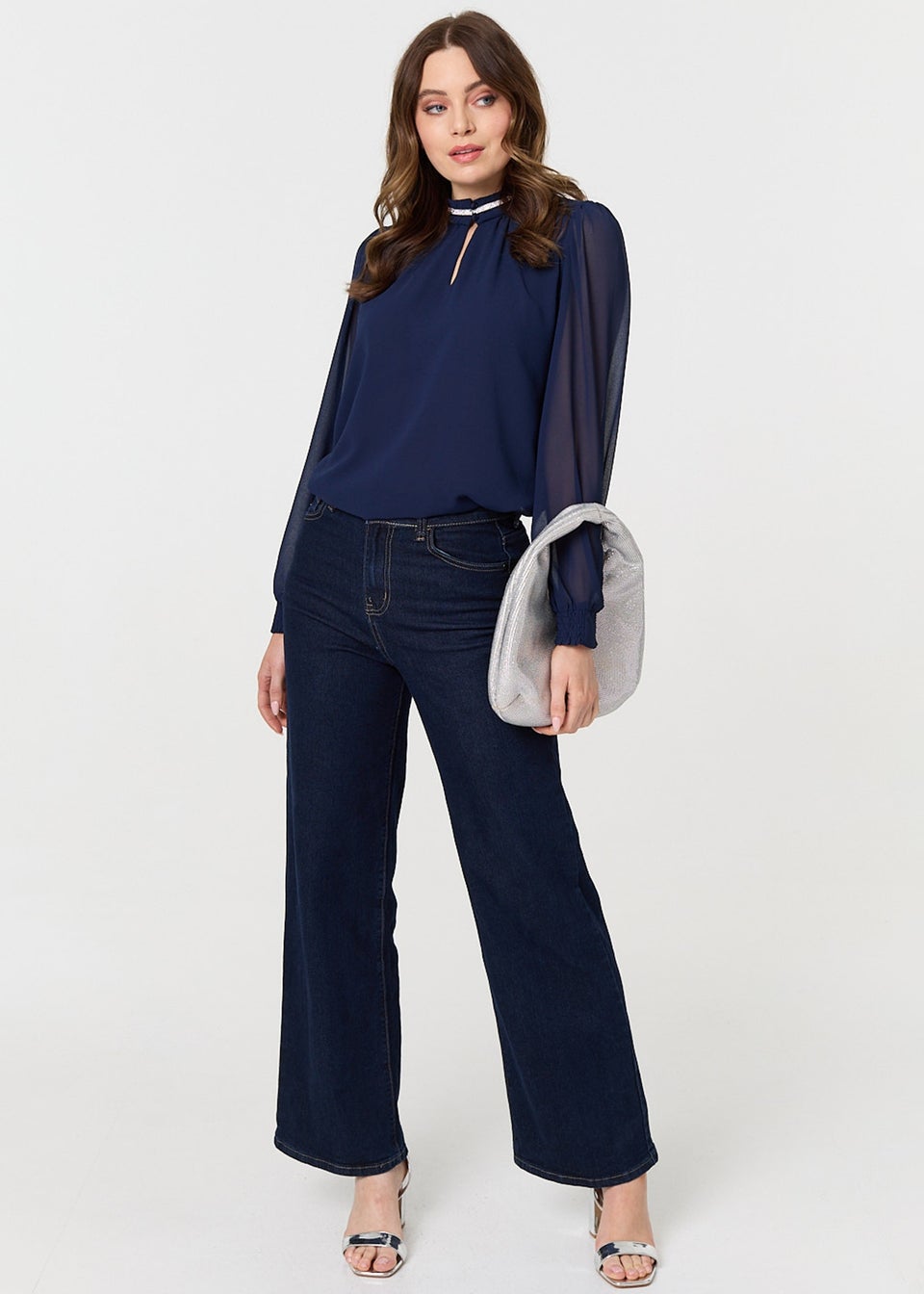 Izabel London Navy Sparkle Trim High Neck Semi Sheer Blouse