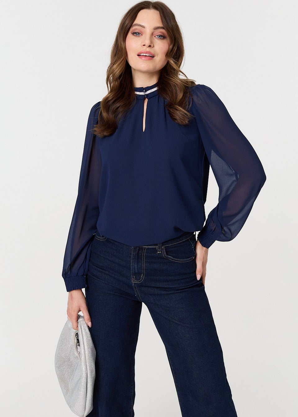 Izabel London Navy Sparkle Trim High Neck Semi Sheer Blouse