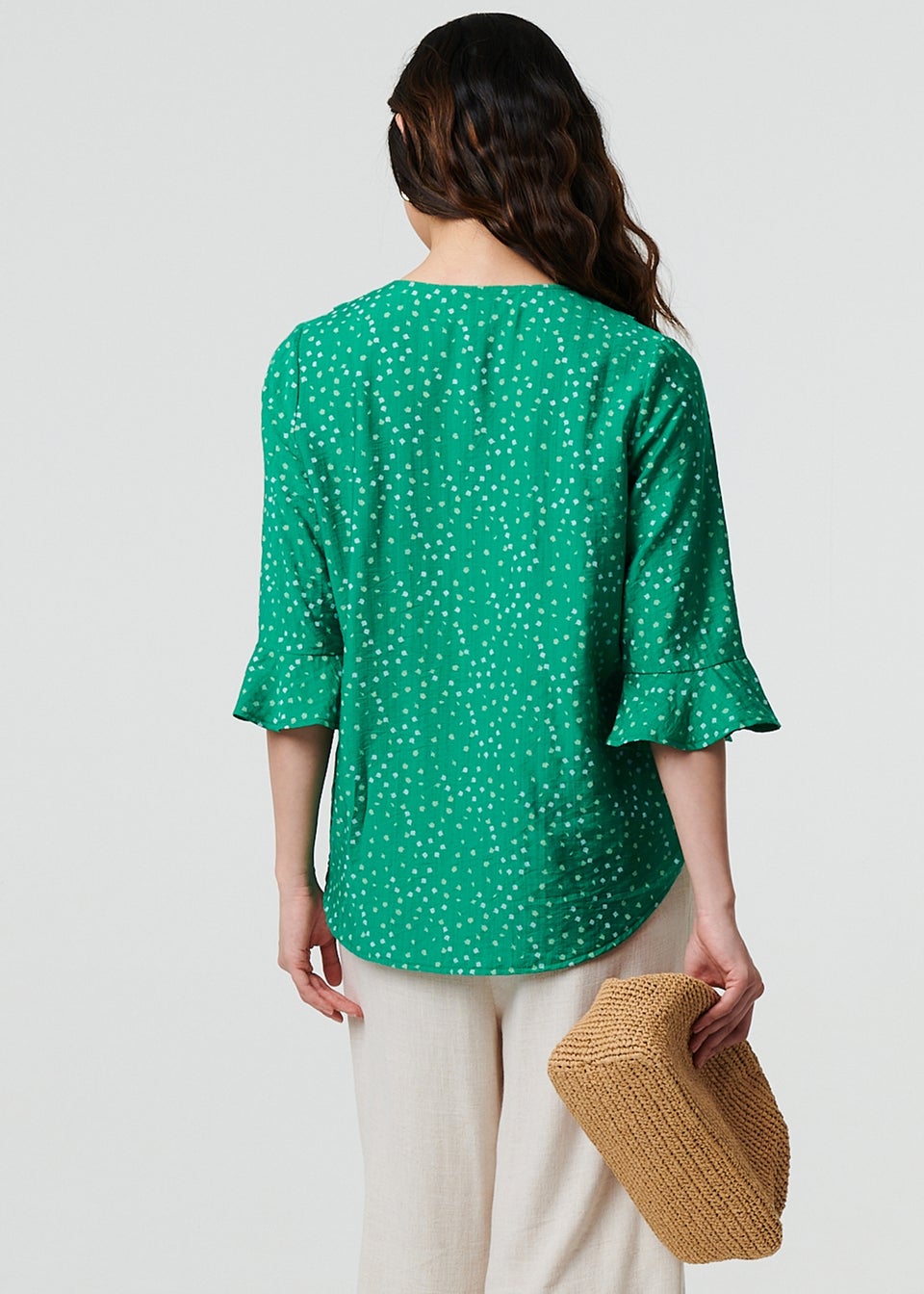 Izabel London Green Ditsy Floral Flare Sleeve Blouse