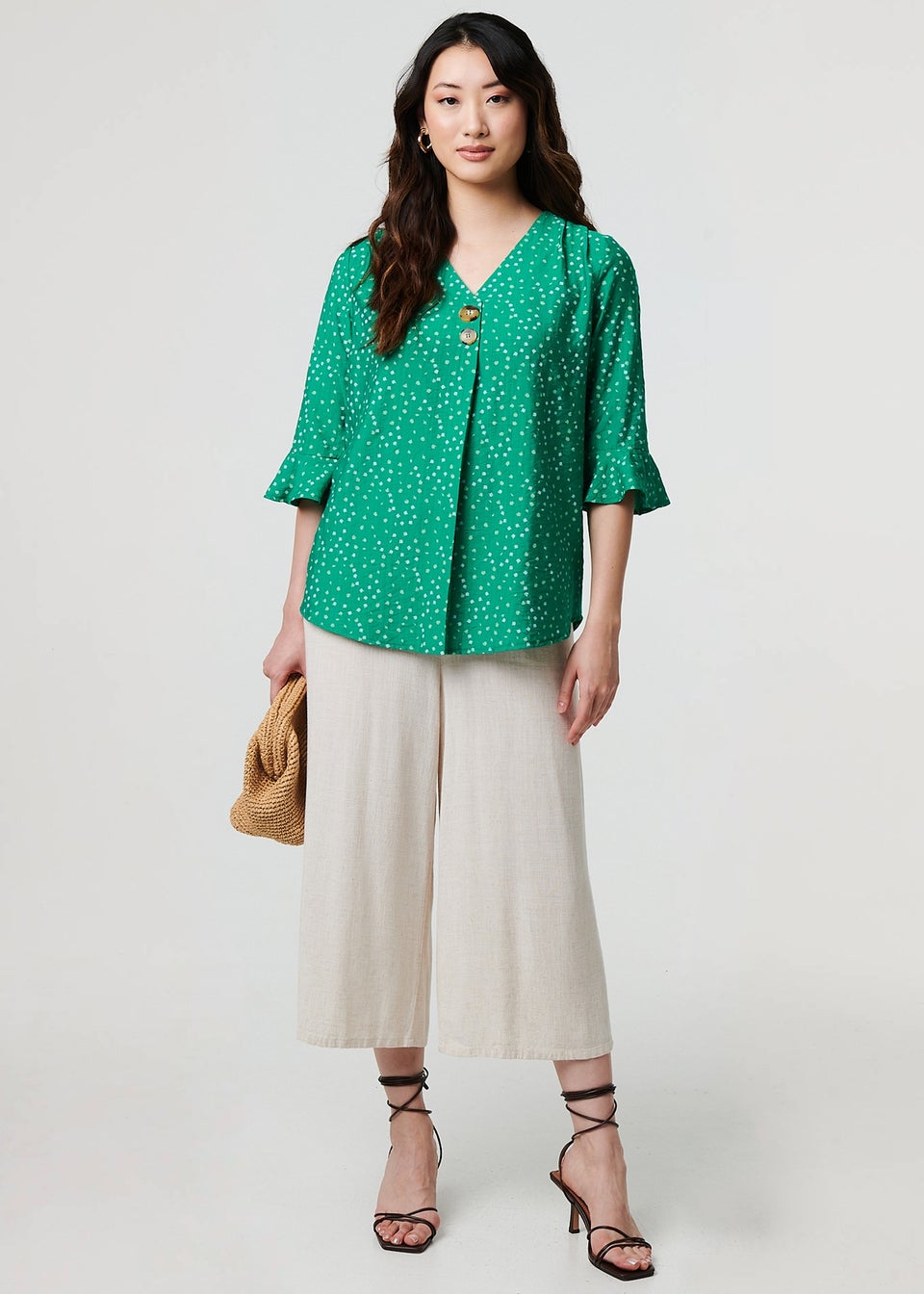 Izabel London Green Ditsy Floral Flare Sleeve Blouse