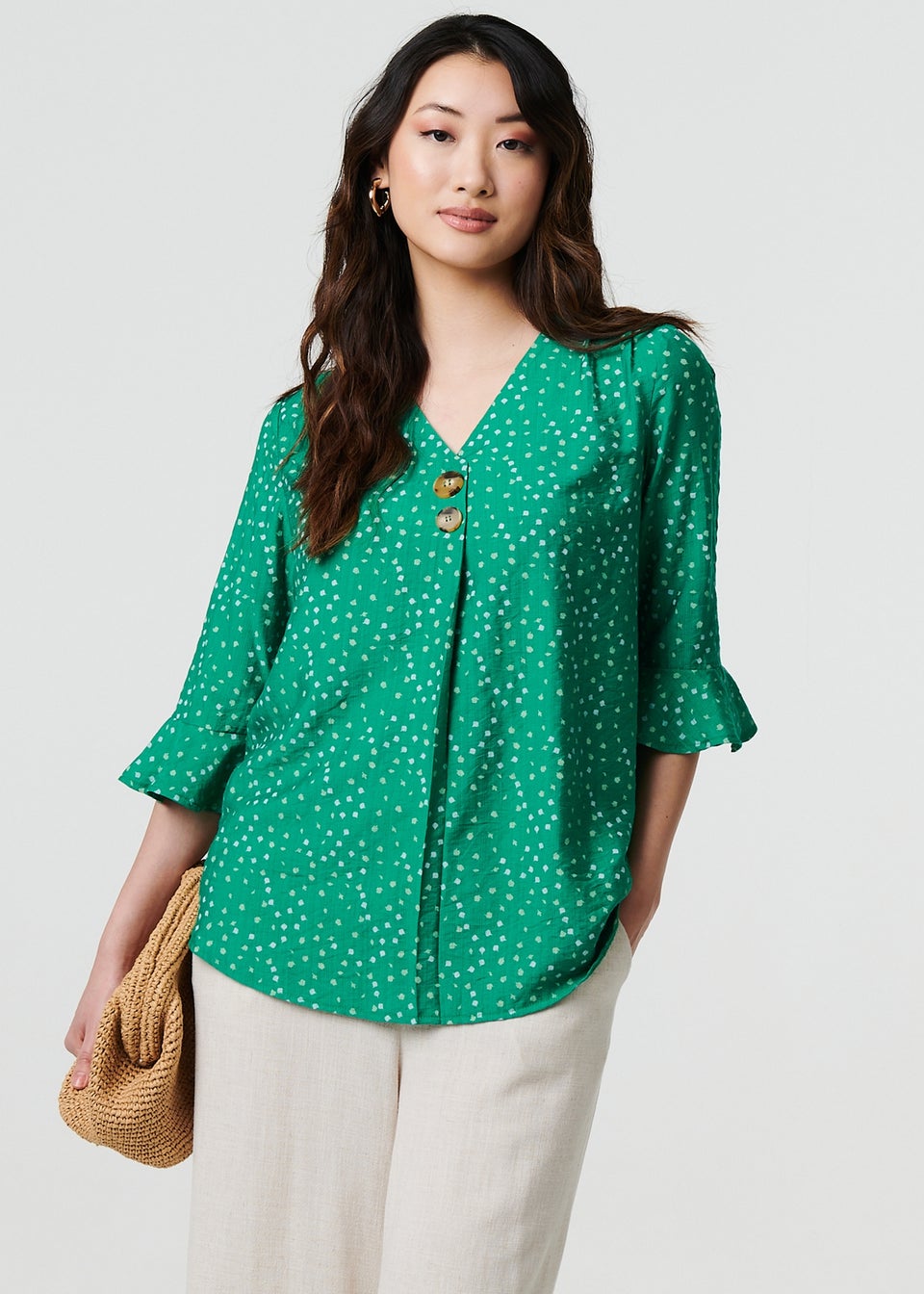 Izabel London Green Ditsy Floral Flare Sleeve Blouse
