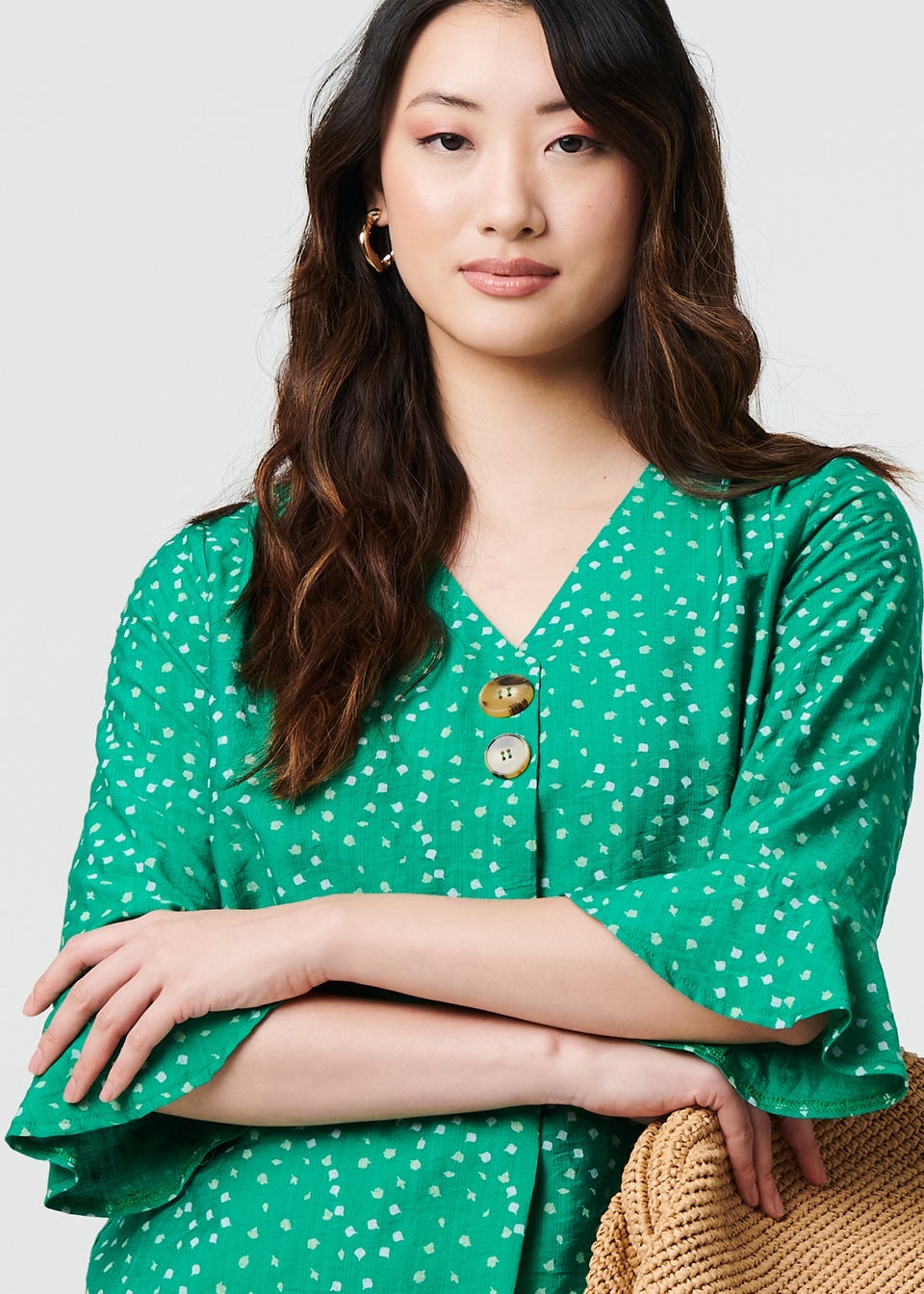 Izabel London Green Ditsy Floral Flare Sleeve Blouse
