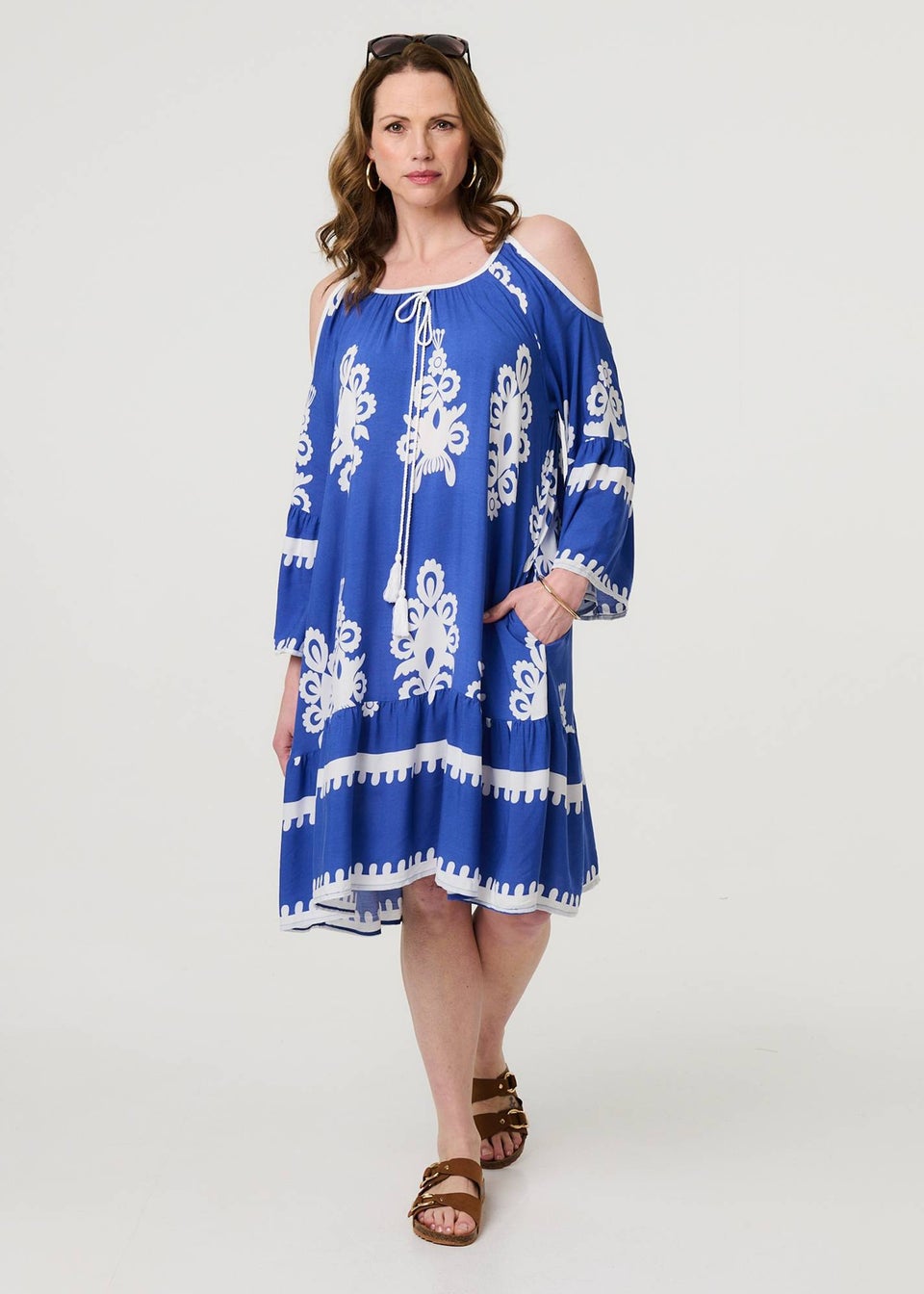 Izabel London Blue Ikat Print Cut Out Knee Length Sun Dress