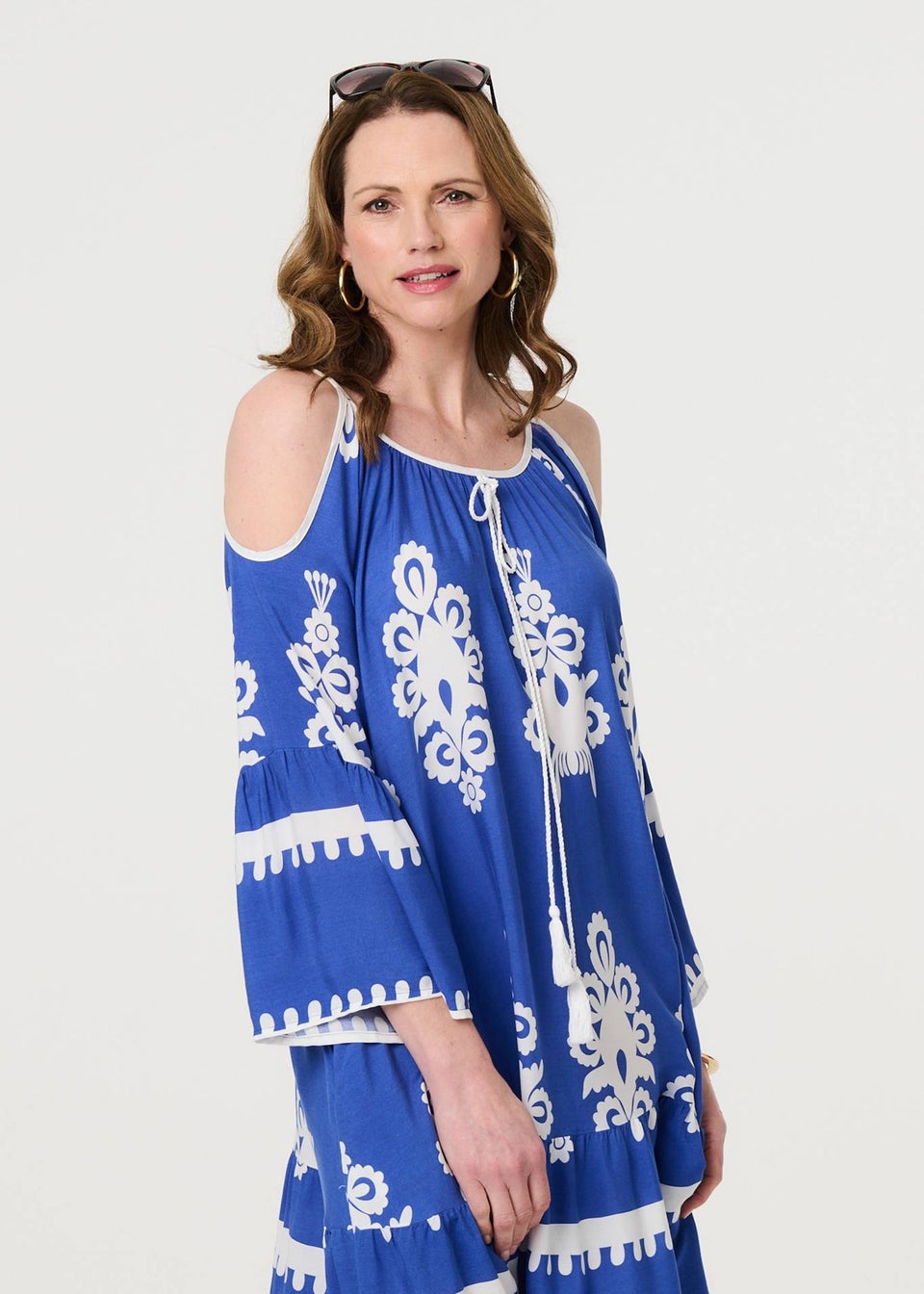 Izabel London Blue Ikat Print Cut Out Knee Length Sun Dress