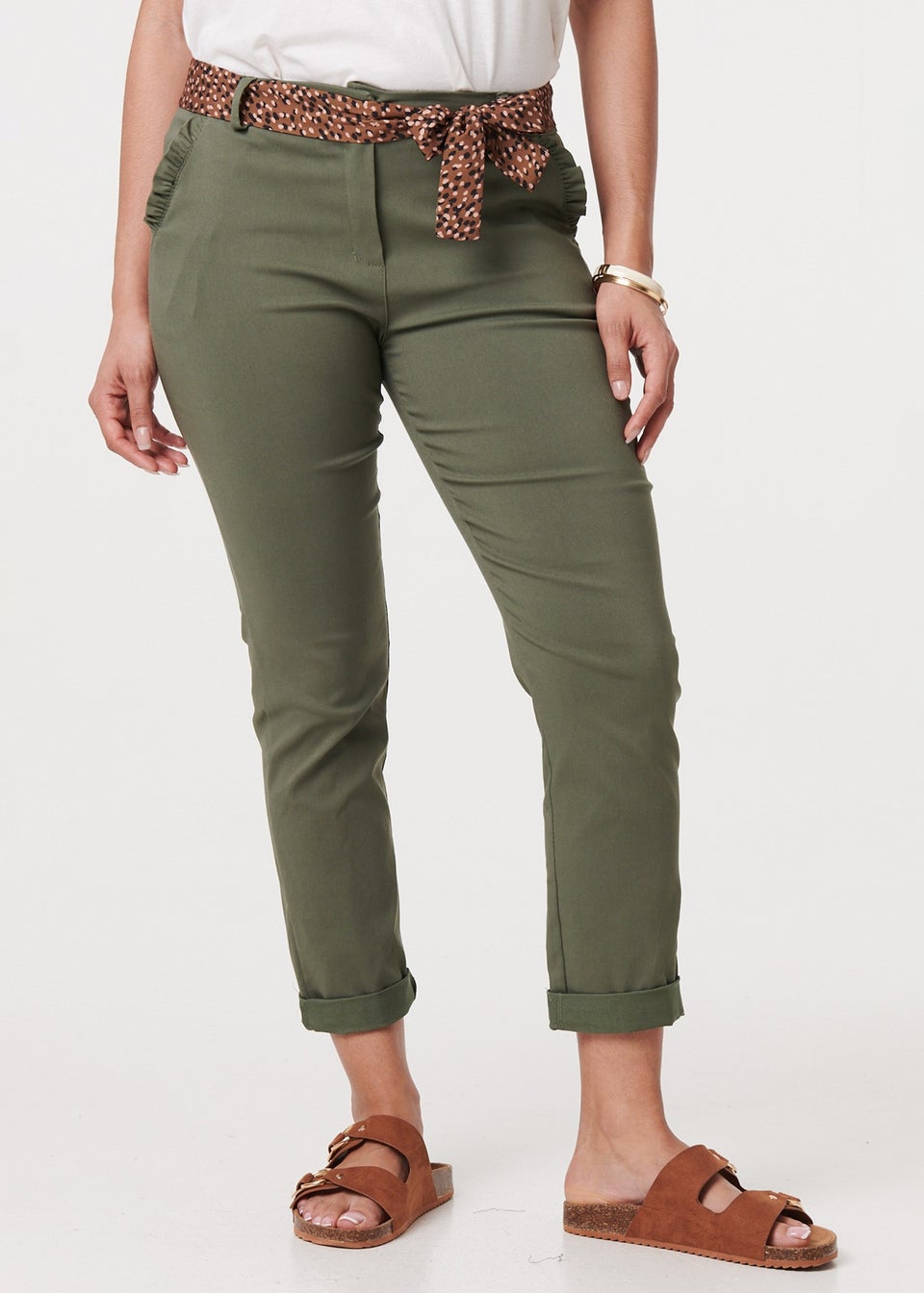 Izabel London Khaki Mid Rise Straight Trousers with Belt