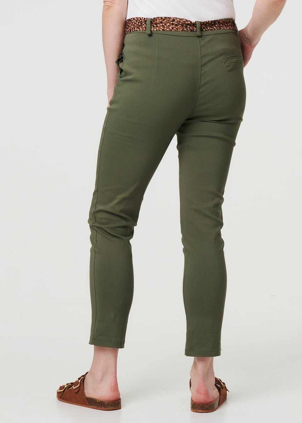 Izabel London Khaki Mid Rise Straight Trousers with Belt