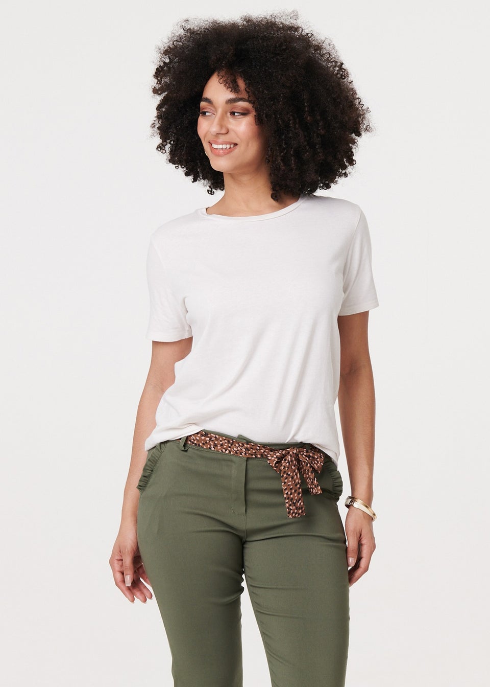 Izabel London Khaki Mid Rise Straight Trousers with Belt