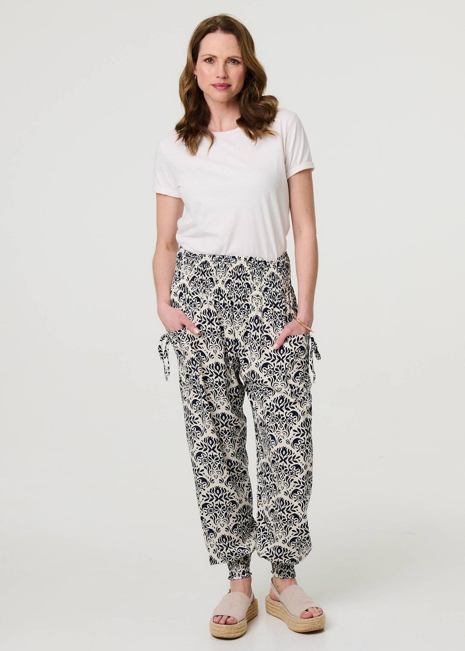 Izabel London Navy Ikat Print High Waist Tapered Harem Pants