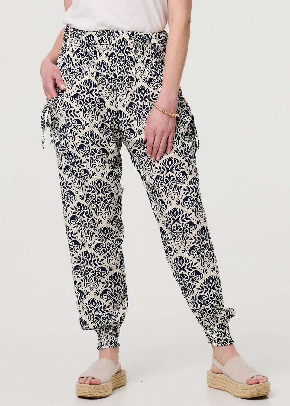Izabel London Navy Ikat Print High Waist Tapered Harem Pants