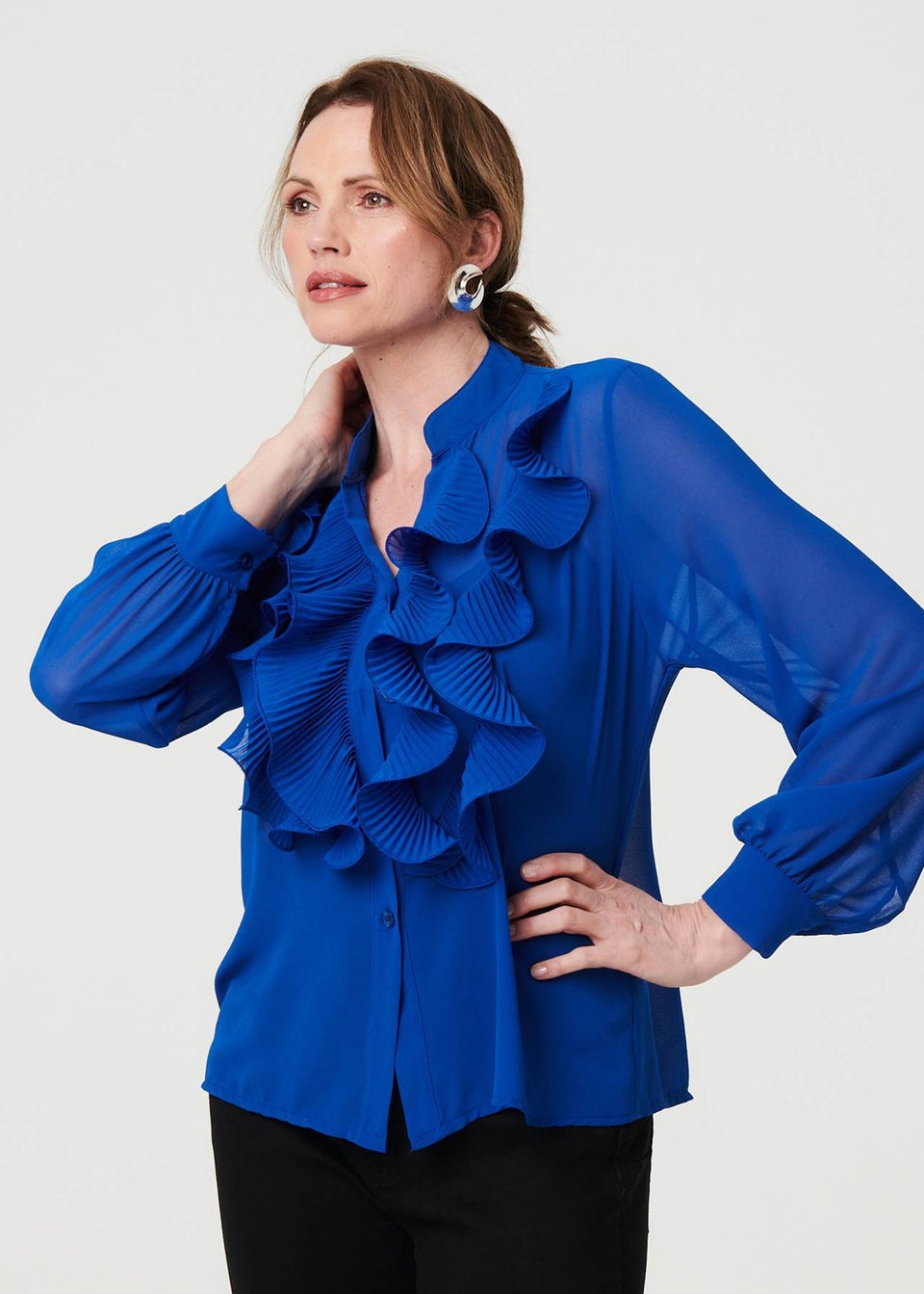 Izabel London Blue Sheer Ruffled V-Neck Long Sleeve Blouse