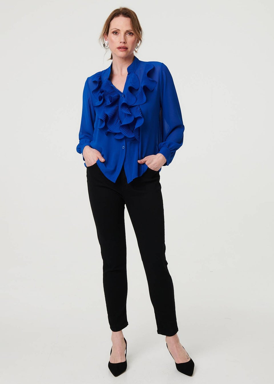 Izabel London Blue Sheer Ruffled V-Neck Long Sleeve Blouse