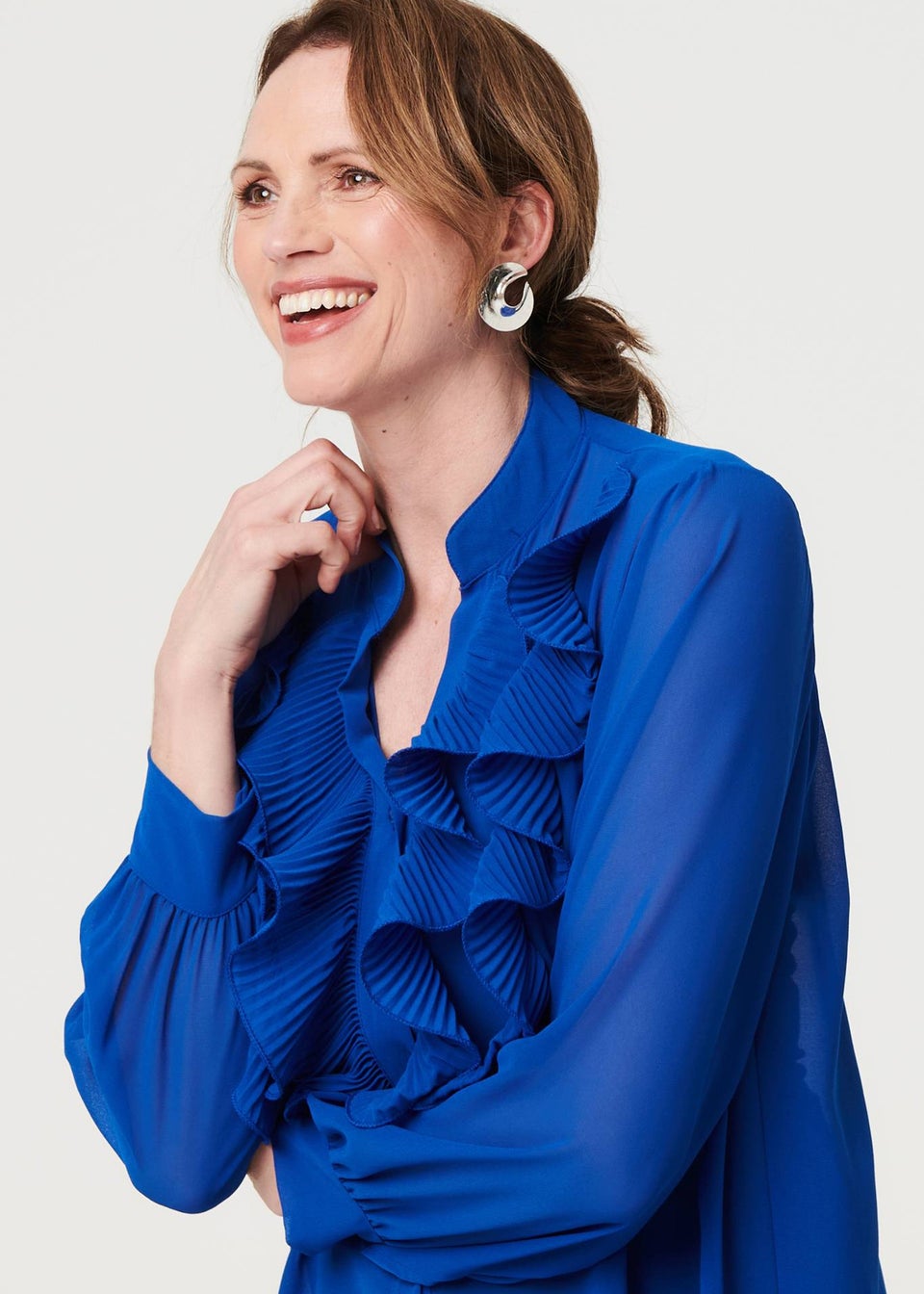 Izabel London Blue Sheer Ruffled V-Neck Long Sleeve Blouse