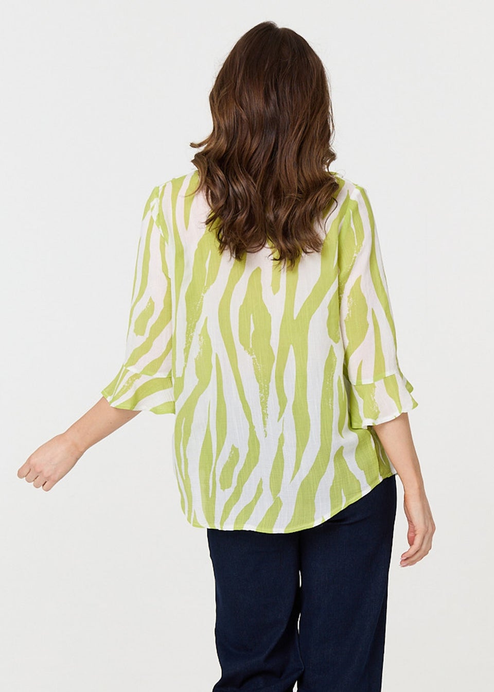 Izabel London Green Animal Print 3/4 Flared Sleeve Blouse