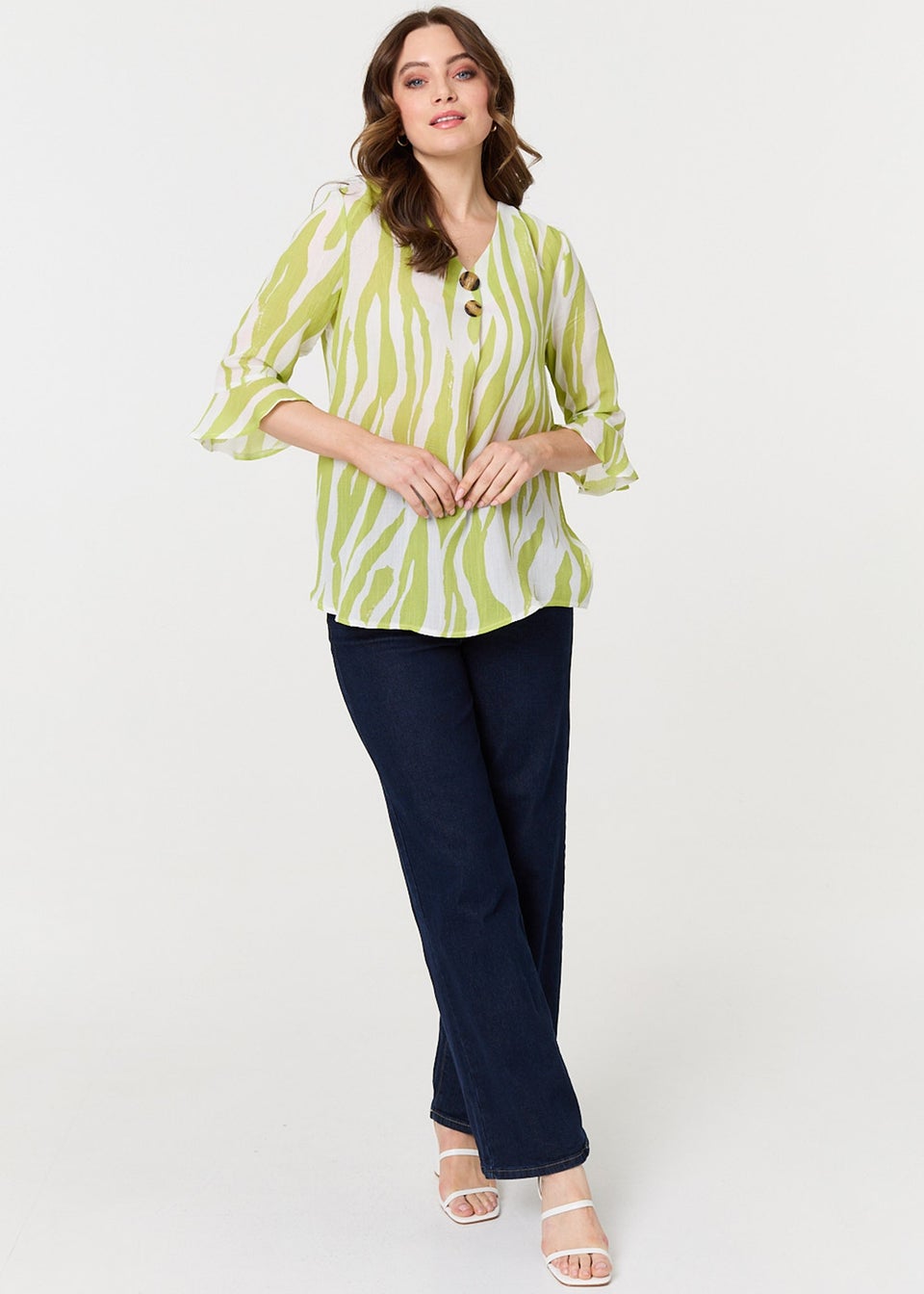 Izabel London Green Animal Print 3/4 Flared Sleeve Blouse