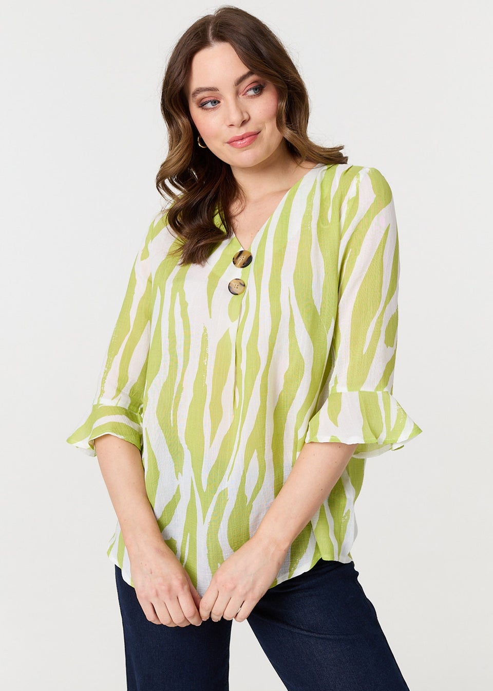 Izabel London Green Animal Print 3/4 Flared Sleeve Blouse