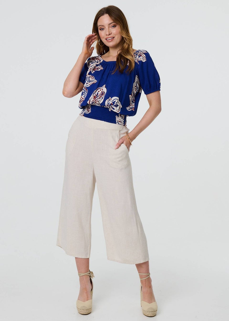 Izabel London Blue Leaf Print Bardot Puff Sleeve Crop Top