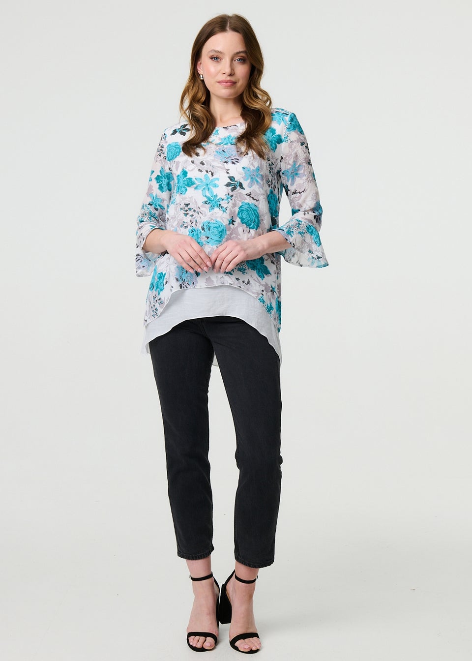 Izabel London Blue Floral Curve Layered Hem Blouse