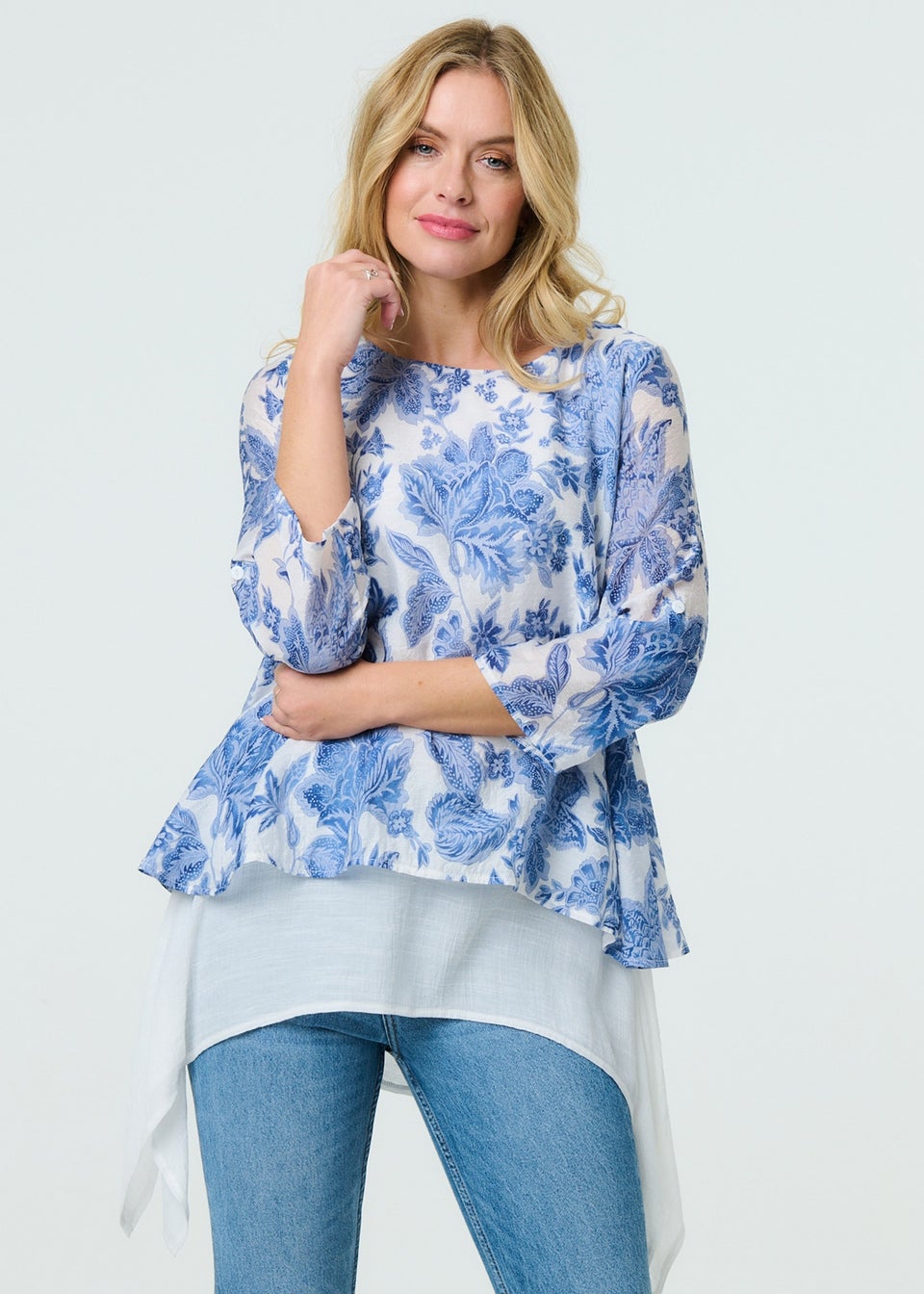 Izabel London Blue Floral Layered High Low Tunic
