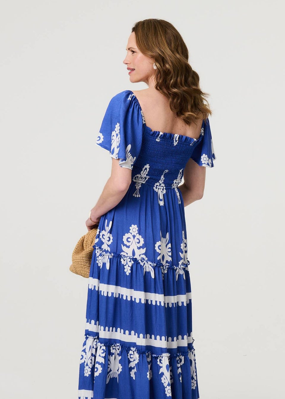 Izabel London Blue Ikat Print Short Angel Sleeve Maxi Dress