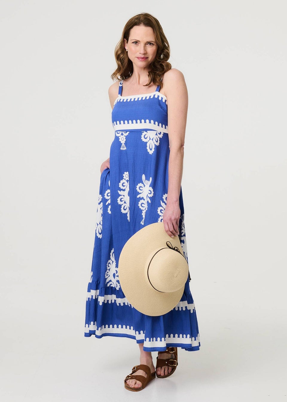 Izabel London Blue Ikat Print Sleeveless A-Line Maxi Dress