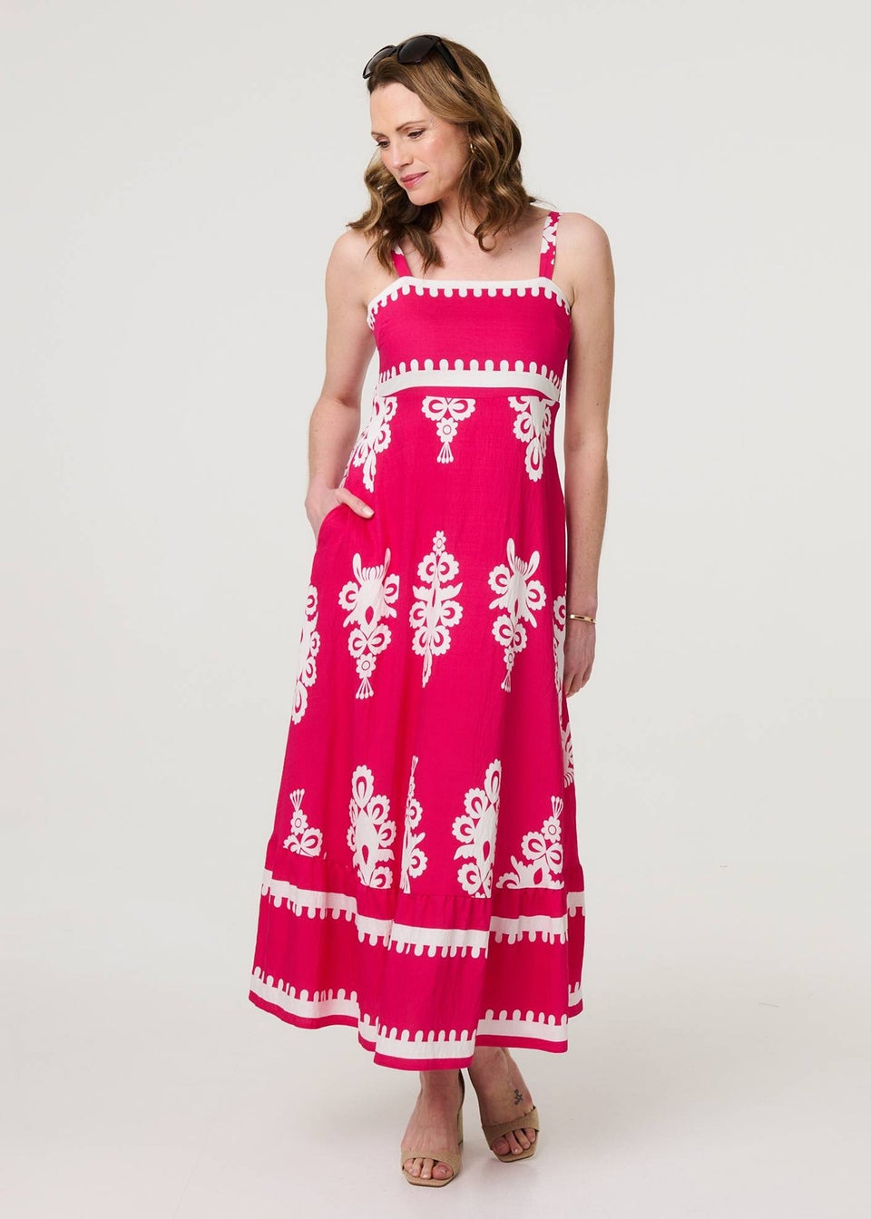 Izabel London Pink Ikat Print Sleeveless A-Line Maxi Dress
