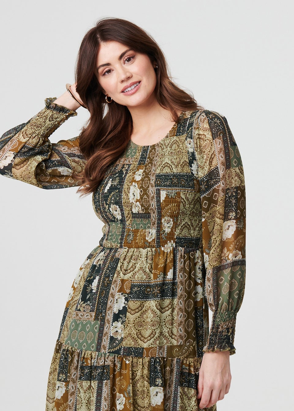 Izabel London Green Patchwork Print Long Sleeve Midi Dress