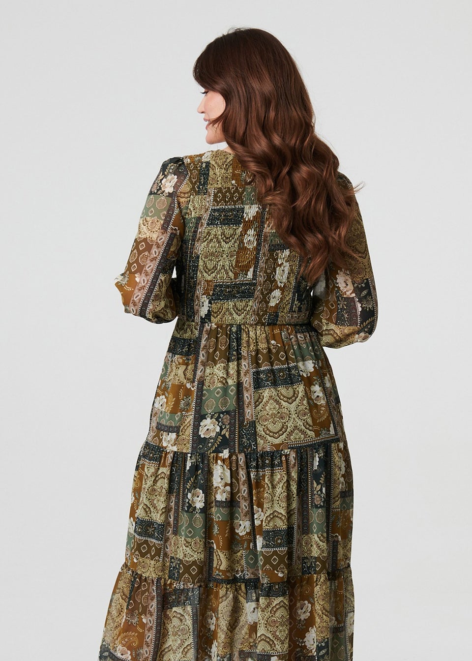 Izabel London Green Patchwork Print Long Sleeve Midi Dress