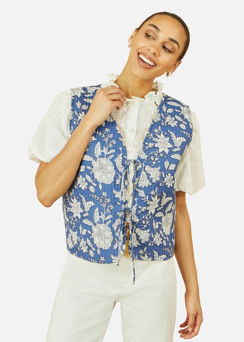 Yumi Blue Floral Reversible Cotton Quilted Waistcoat