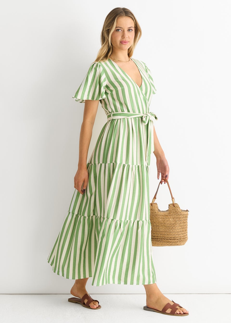 Gini London Sage Green Stripe Wrap Belted Midi Dress