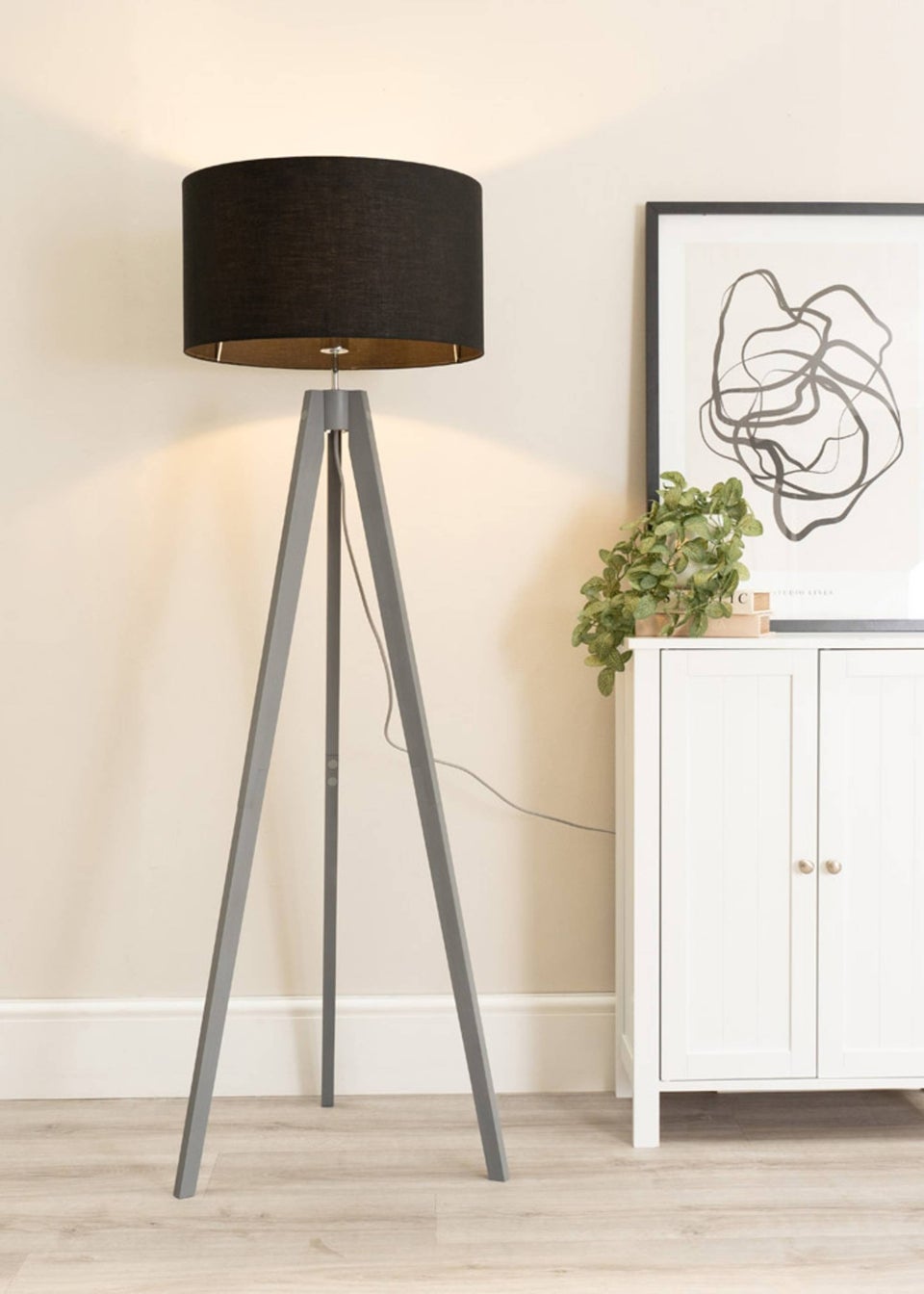 ValueLights Jackson Painted Grey Floor Lamp with Large Drum Shade