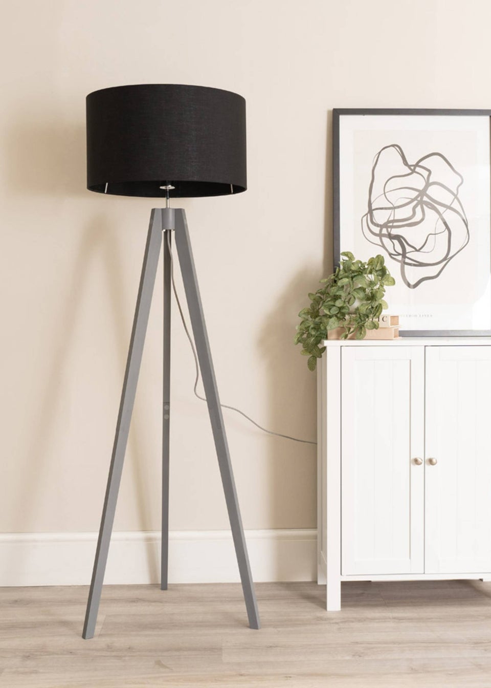 ValueLights Jackson Painted Grey Floor Lamp with Large Drum Shade