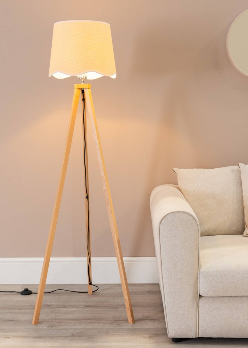 ValueLights Barbro Tripod Oak Effect Floor Lamp with Large Tapered White Trim Shade