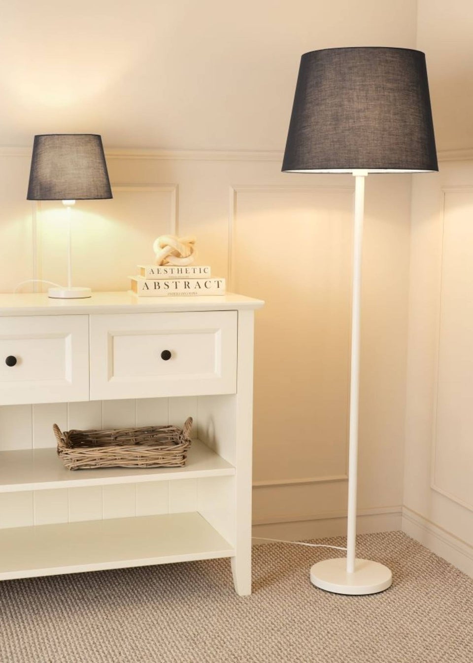 ValueLights Charlie Painted White Floor Lamp with Large Tapered Shade