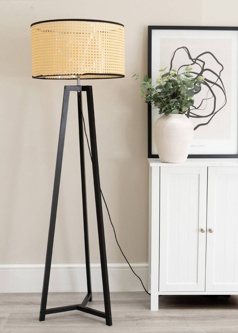 ValueLights Lottie Painted Black Floor Lamp with Large Cane Drum Trim Shade