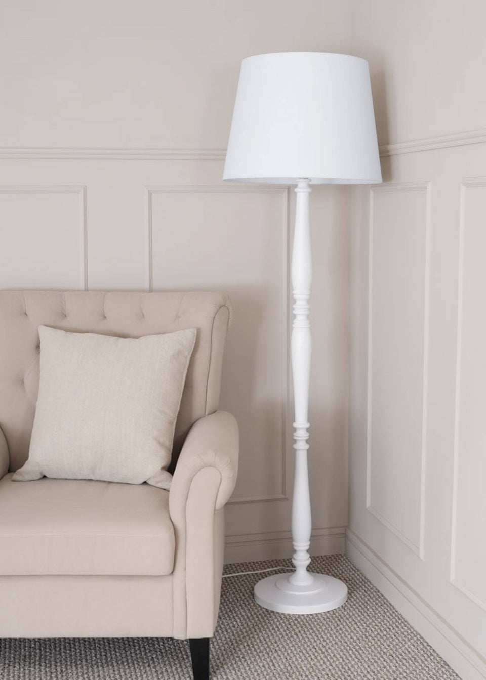 ValueLights Victoria Painted White Floor Lamp with Large Tapered Shade