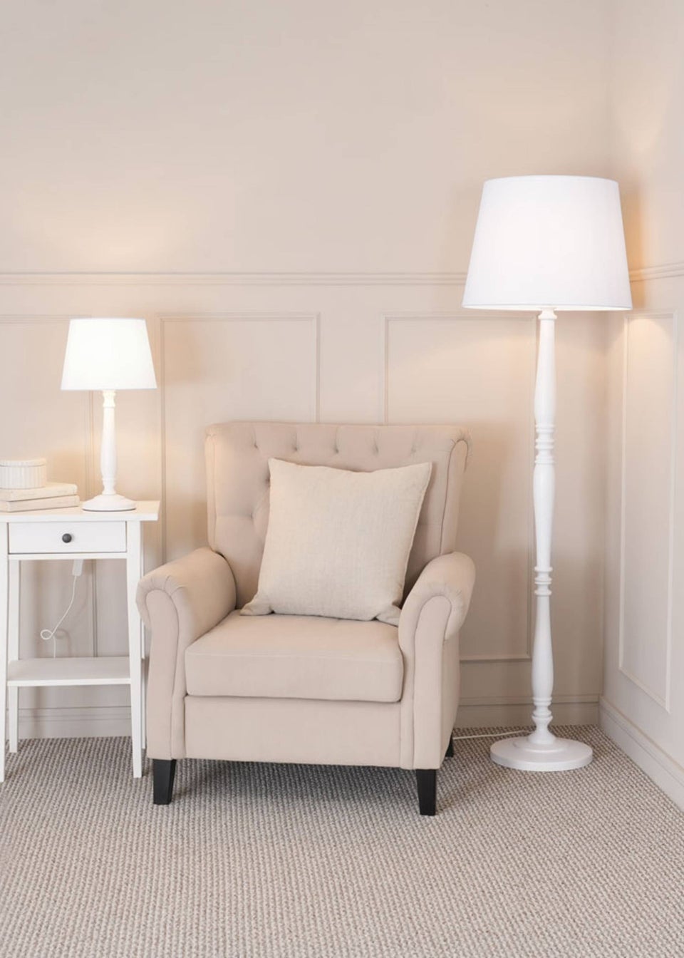 ValueLights Victoria Painted White Floor Lamp with Large Tapered Shade
