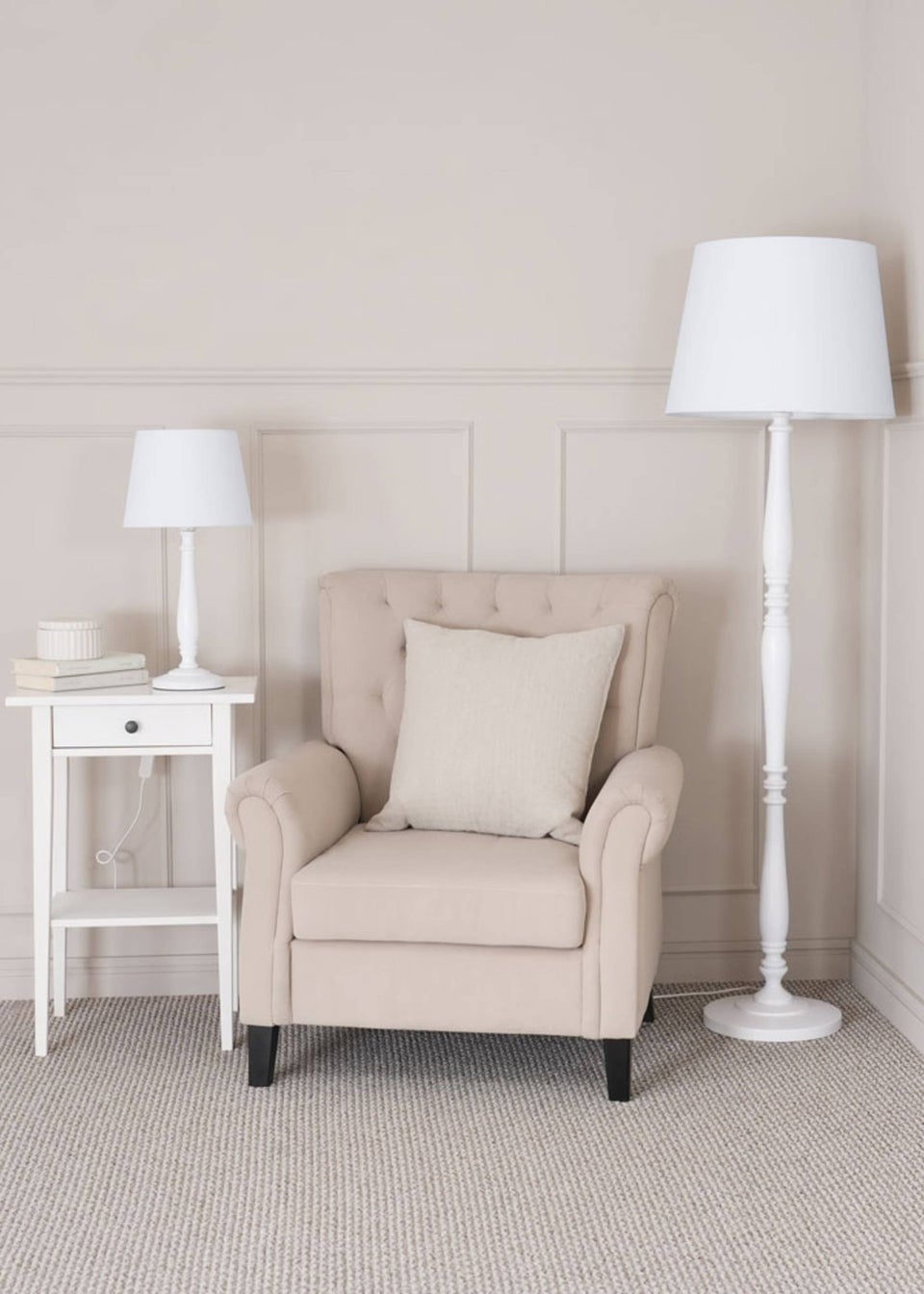 ValueLights Victoria Painted White Floor Lamp with Large Tapered Shade