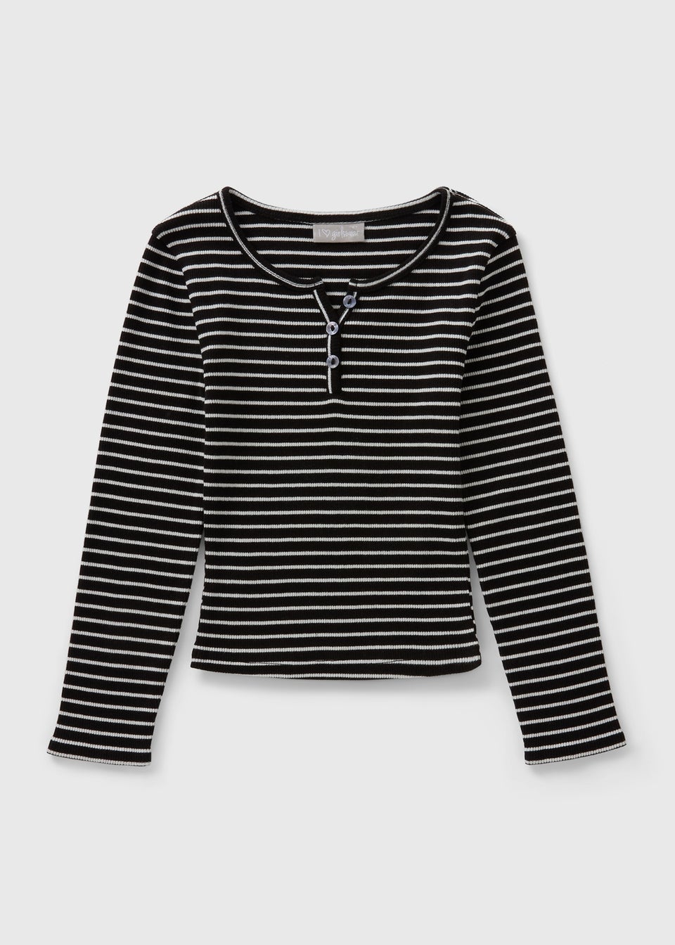 Girls Black Stripe Ribbed Button Henley Top (7-15yrs)